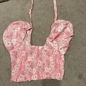Altar'd State Pink and White Floral Smocked Blouse